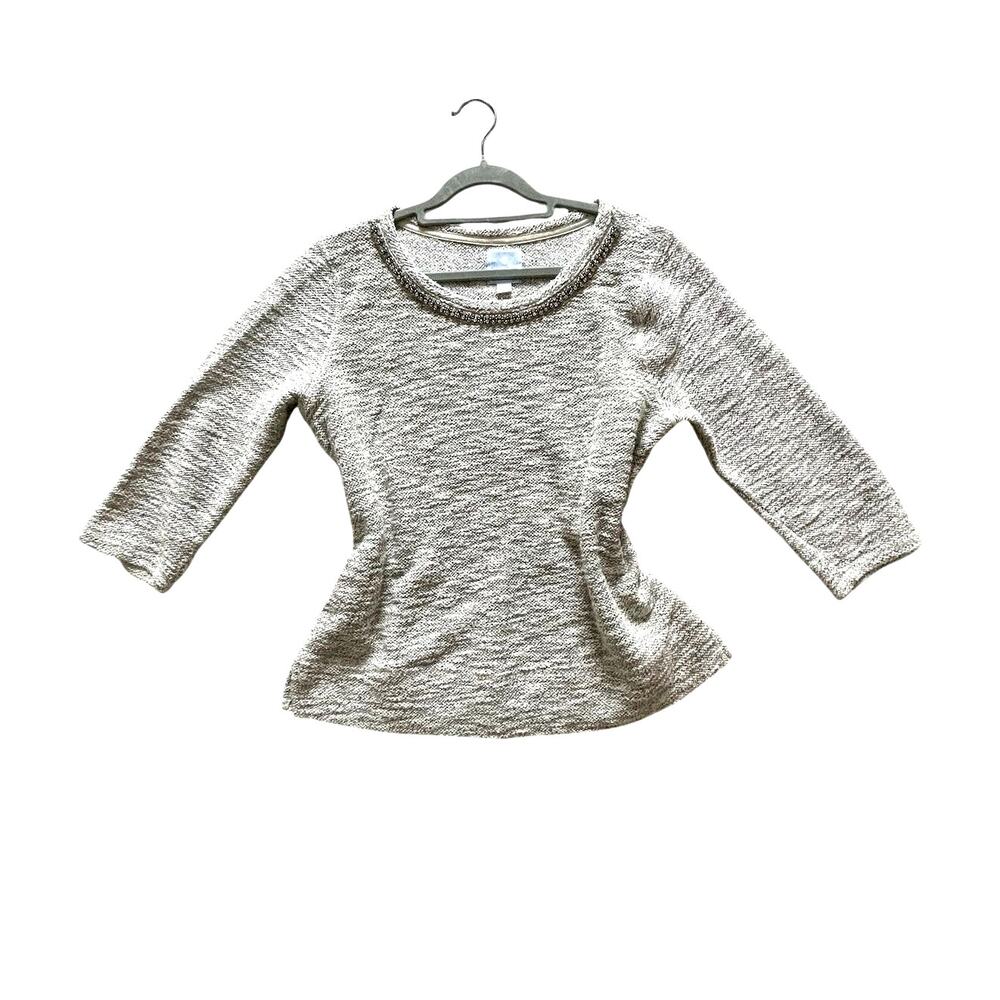 Women Sz S Sunday Metallic Cream Gold Textured Sweater Blouse Top Rhinestone EUC